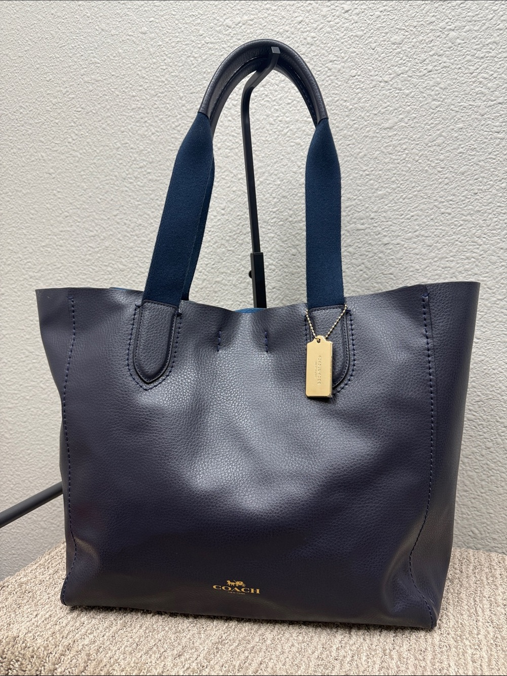 Coach Dark Navy Large Leather Derby Tote with Blue Webbed Handles- NWOT